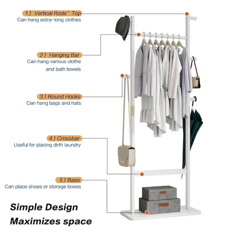 Modern StyleSolid Wood Coat Rack with Standing Hanger, 5 Hanging Rods, Easy to Assemble, for Entrance and Hallway