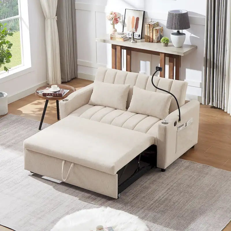 Convertible Loveseat Sofa Bed with USB Ports, Cup Holders & Swivel Phone Holder