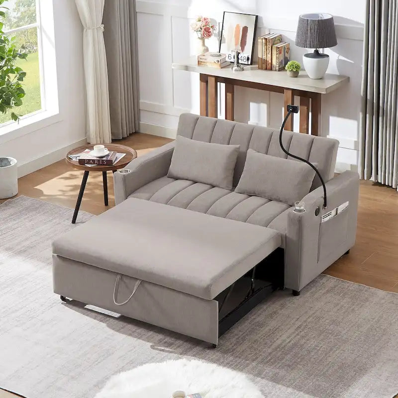 Convertible Loveseat Sofa Bed with USB Ports, Cup Holders & Swivel Phone Holder