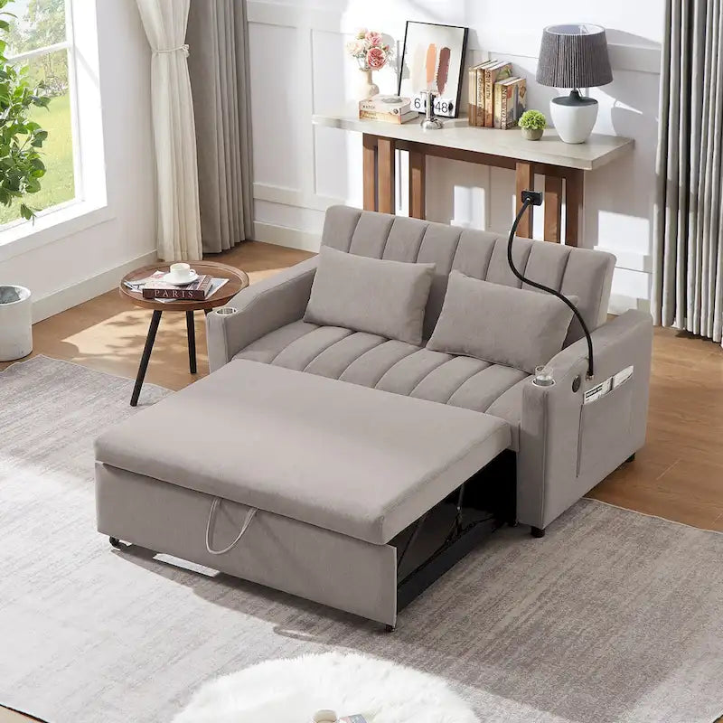 Convertible Loveseat Sofa Bed with USB Ports, Cup Holders & Swivel Phone Holder