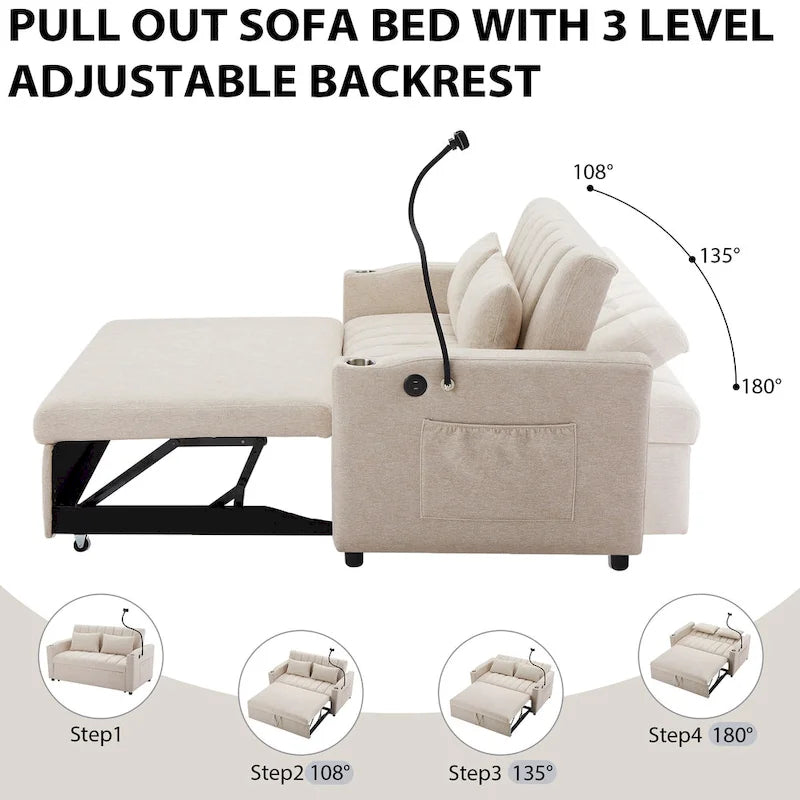 Convertible Loveseat Sofa Bed with USB Ports, Cup Holders & Swivel Phone Holder