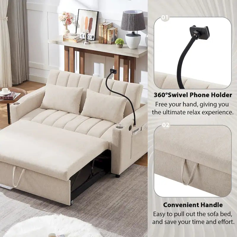 Convertible Loveseat Sofa Bed with USB Ports, Cup Holders & Swivel Phone Holder
