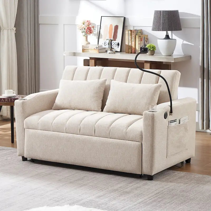 Convertible Loveseat Sofa Bed with USB Ports, Cup Holders & Swivel Phone Holder