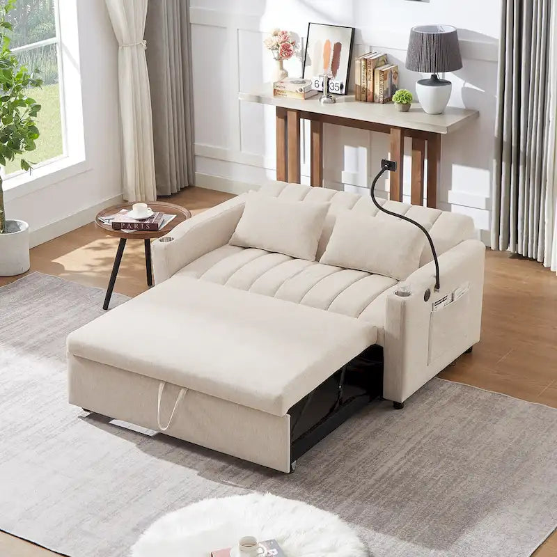 Convertible Loveseat Sofa Bed with USB Ports, Cup Holders & Swivel Phone Holder