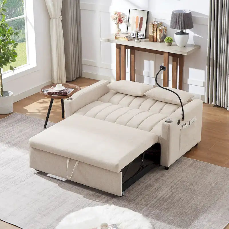 Convertible Loveseat Sofa Bed with USB Ports, Cup Holders & Swivel Phone Holder