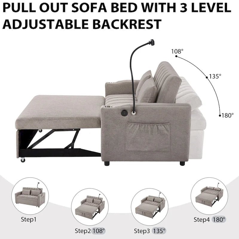 Convertible Loveseat Sofa Bed with USB Ports, Cup Holders & Swivel Phone Holder
