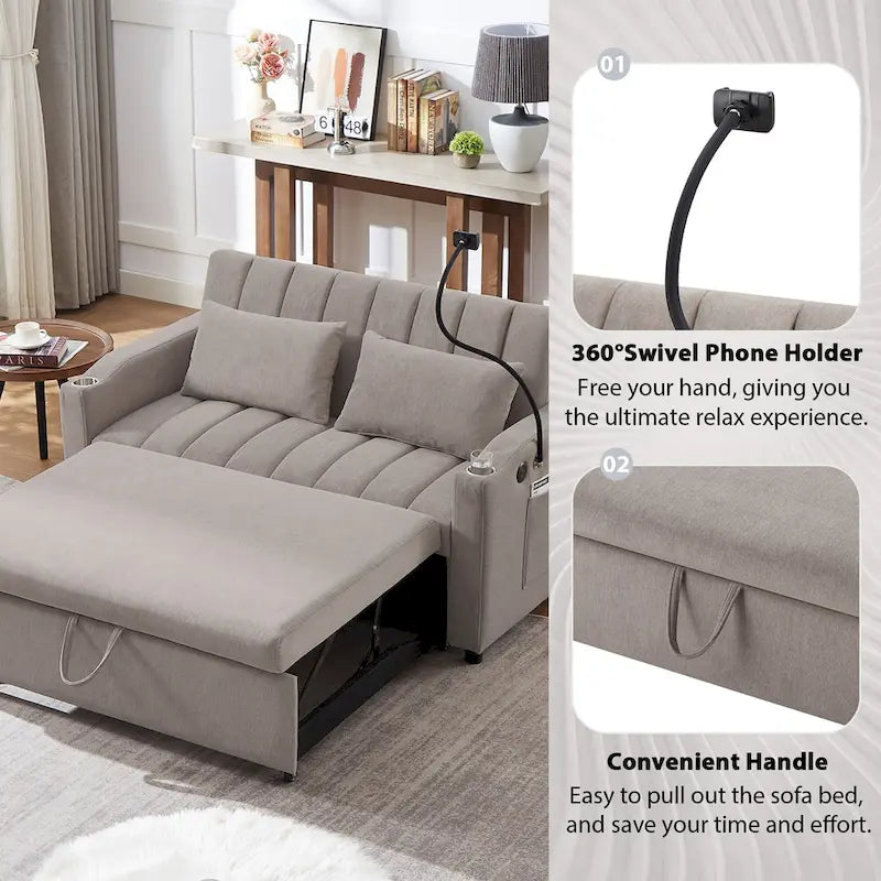 Convertible Loveseat Sofa Bed with USB Ports, Cup Holders & Swivel Phone Holder