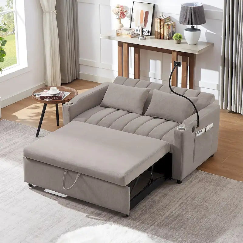 Convertible Loveseat Sofa Bed with USB Ports, Cup Holders & Swivel Phone Holder