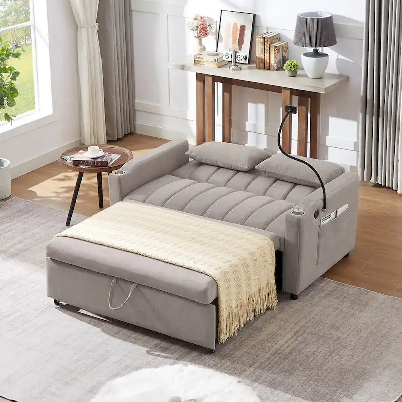 Convertible Loveseat Sofa Bed with USB Ports, Cup Holders & Swivel Phone Holder