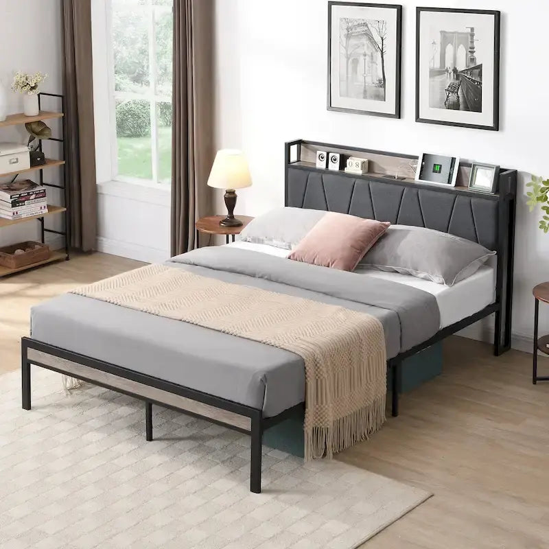 Full Size Metal Platform Bed with Upholstered Storage Headboard & USB Port