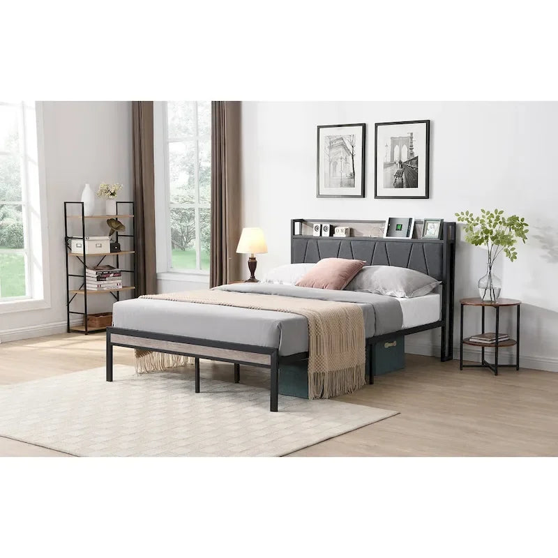 Full Size Metal Platform Bed with Upholstered Storage Headboard & USB Port