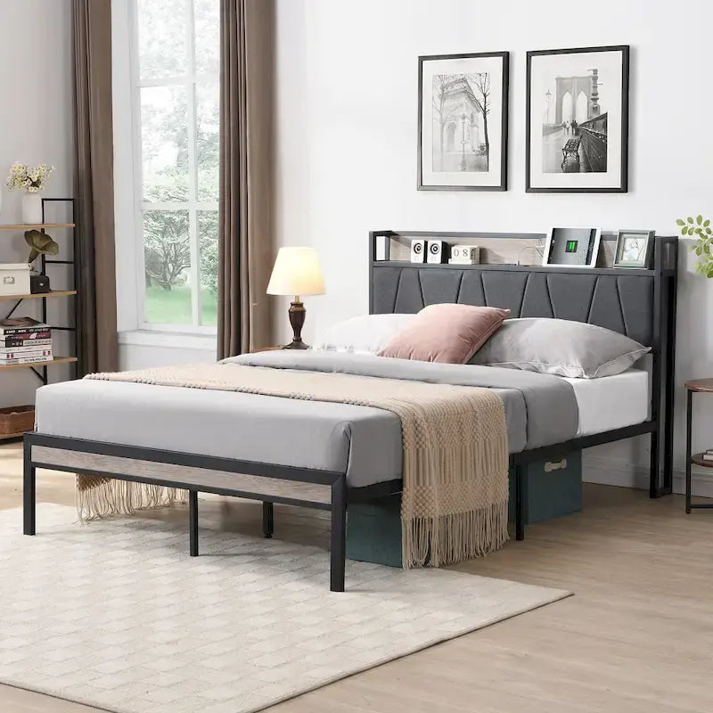 Full Size Metal Platform Bed with Upholstered Storage Headboard & USB Port