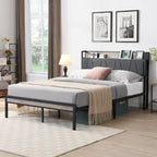 Full Size Metal Platform Bed with Upholstered Storage Headboard & USB Port