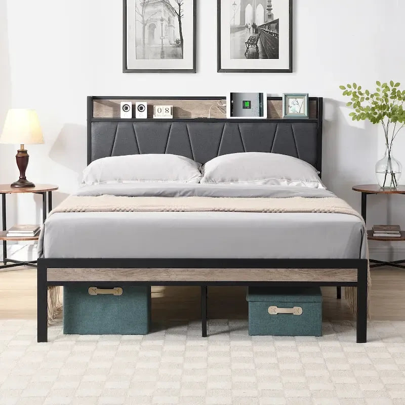 Full Size Metal Platform Bed with Upholstered Storage Headboard & USB Port