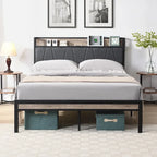 Full Size Metal Platform Bed with Upholstered Storage Headboard & USB Port
