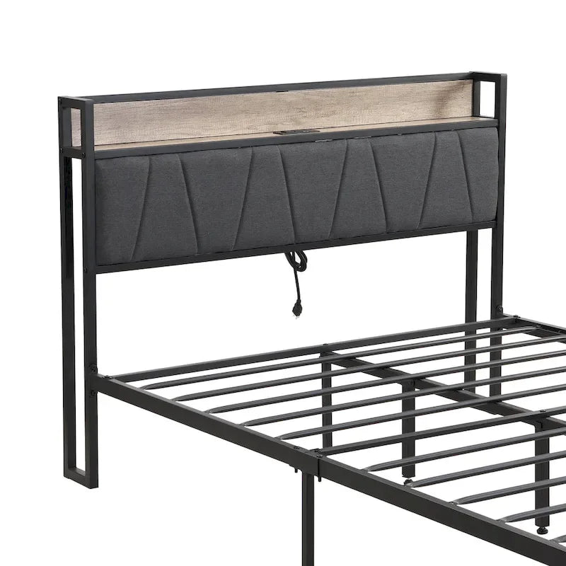 Full Size Metal Platform Bed with Upholstered Storage Headboard & USB Port