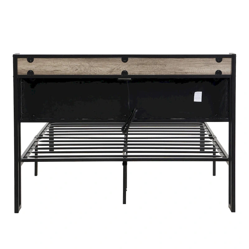 Full Size Metal Platform Bed with Upholstered Storage Headboard & USB Port