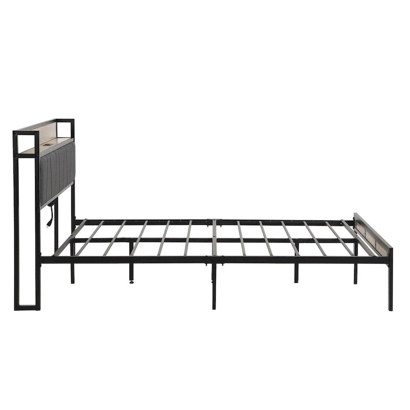 Full Size Metal Platform Bed with Upholstered Storage Headboard & USB Port