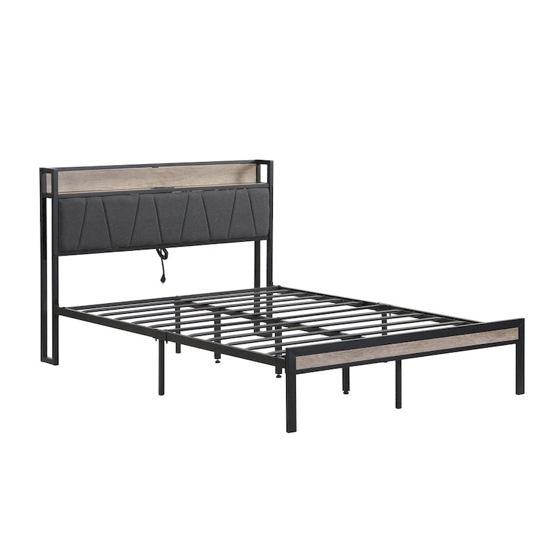 Full Size Metal Platform Bed with Upholstered Storage Headboard & USB Port