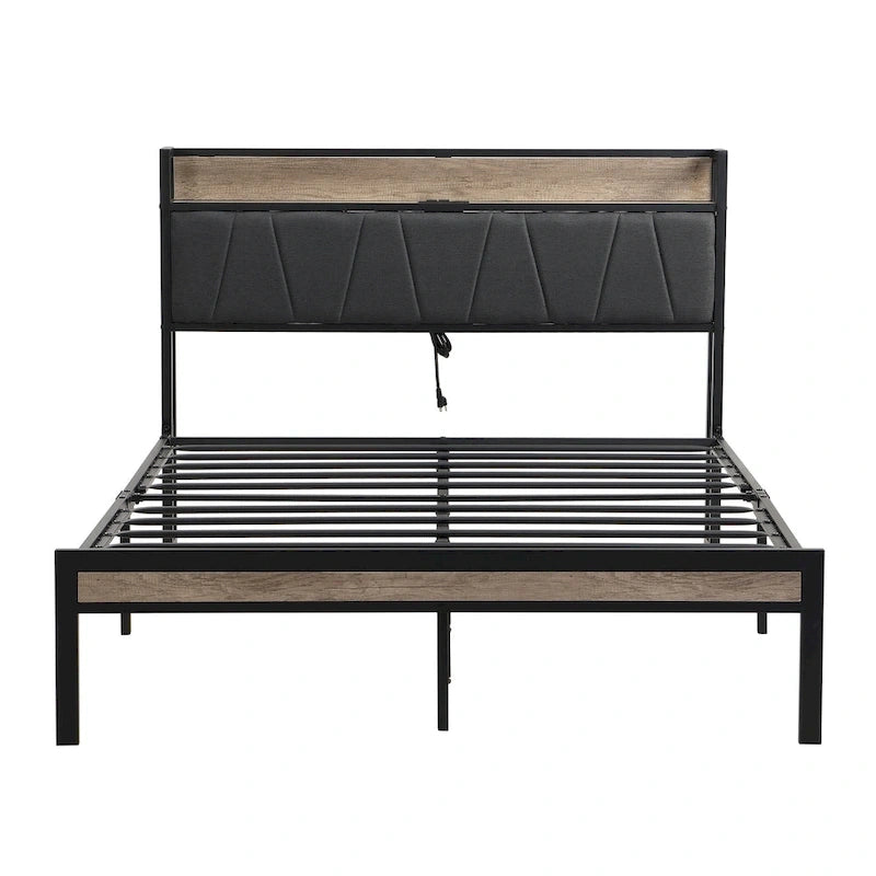Full Size Metal Platform Bed with Upholstered Storage Headboard & USB Port
