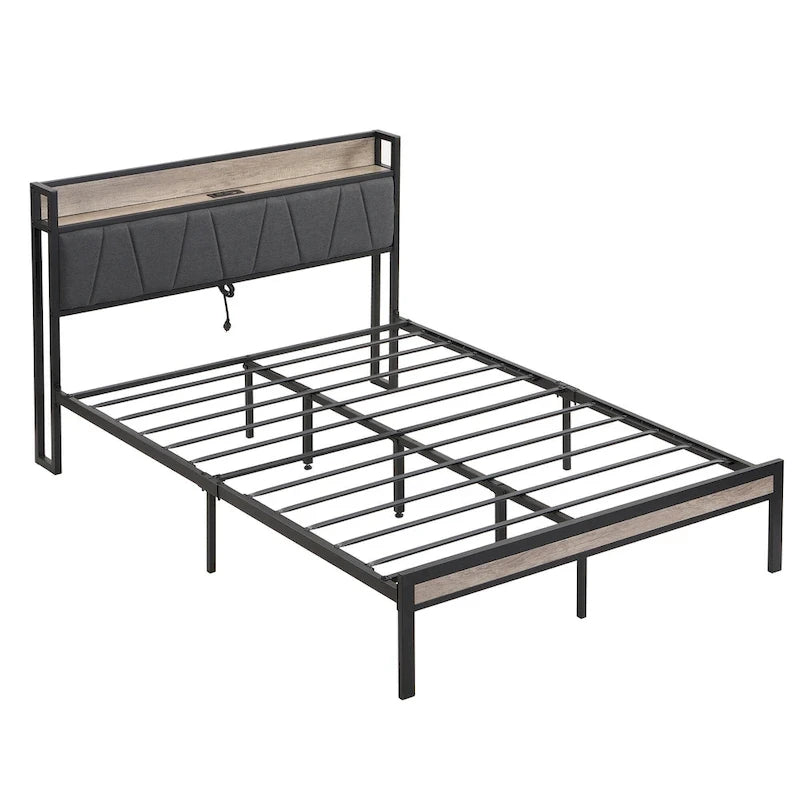 Full Size Metal Platform Bed with Upholstered Storage Headboard & USB Port