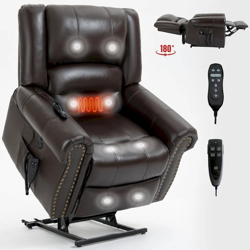 Brown Genuine Leather Power Lift Recliner with Heat Massage & USB