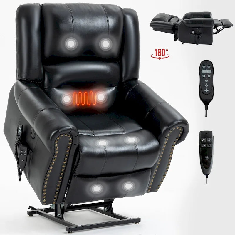 Brown Genuine Leather Power Lift Recliner with Heat Massage & USB