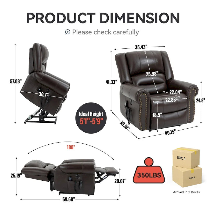 Brown Genuine Leather Power Lift Recliner with Heat Massage & USB