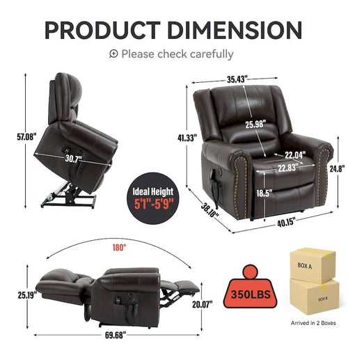 Brown Genuine Leather Power Lift Recliner with Heat Massage & USB