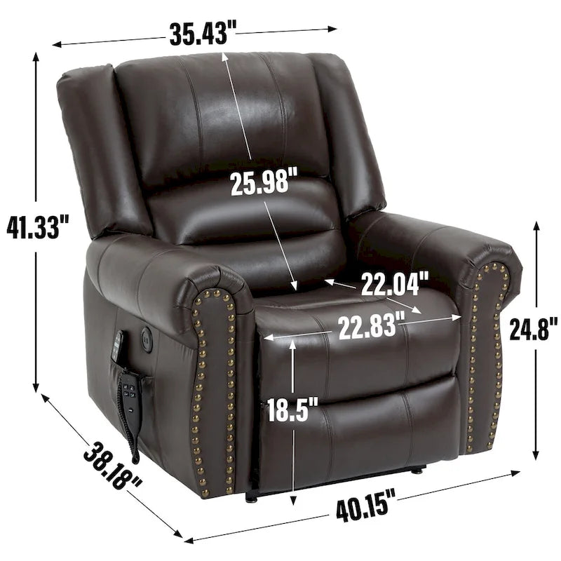 Brown Genuine Leather Power Lift Recliner with Heat Massage & USB