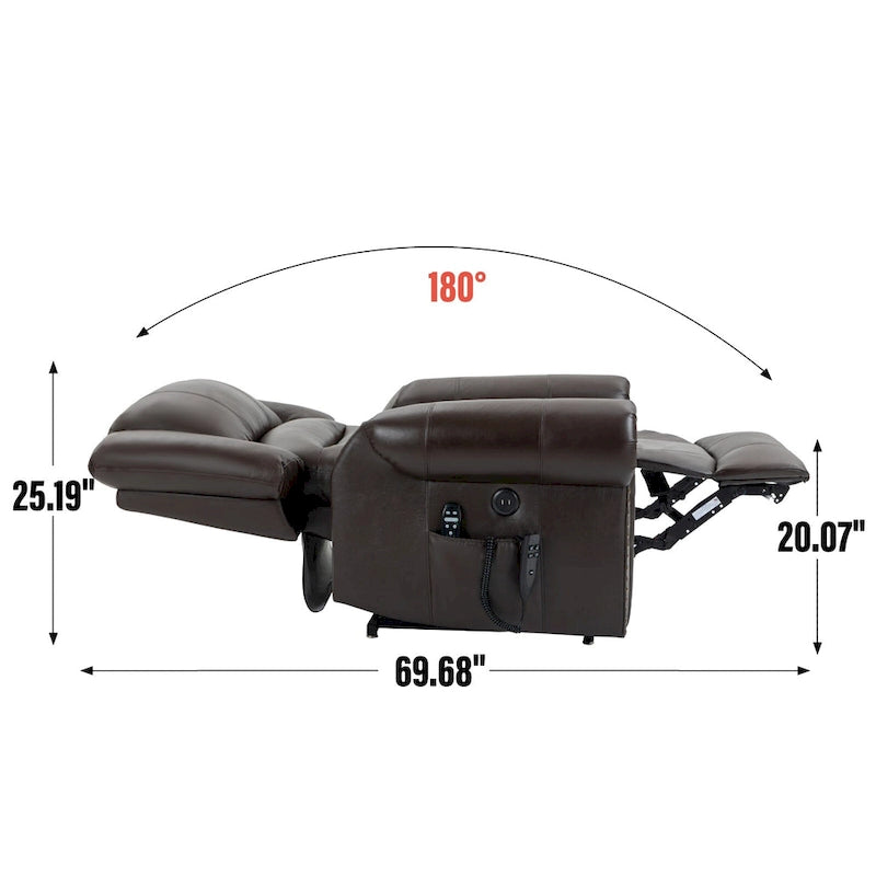 Brown Genuine Leather Power Lift Recliner with Heat Massage & USB