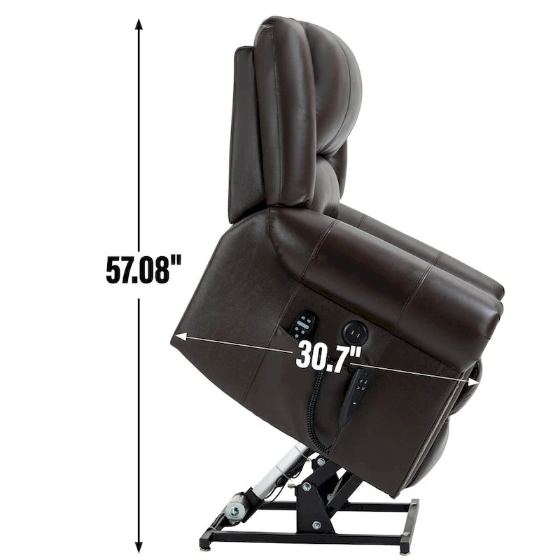 Brown Genuine Leather Power Lift Recliner with Heat Massage & USB