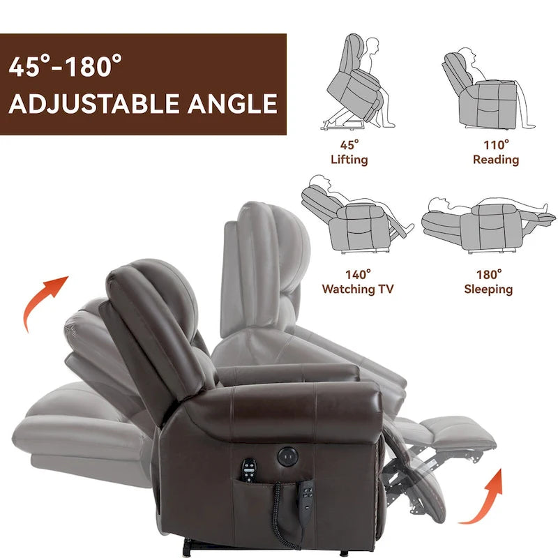Brown Genuine Leather Power Lift Recliner with Heat Massage & USB
