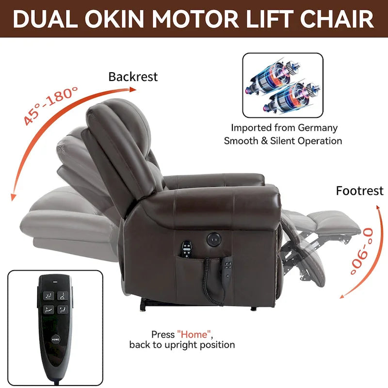 Brown Genuine Leather Power Lift Recliner with Heat Massage & USB