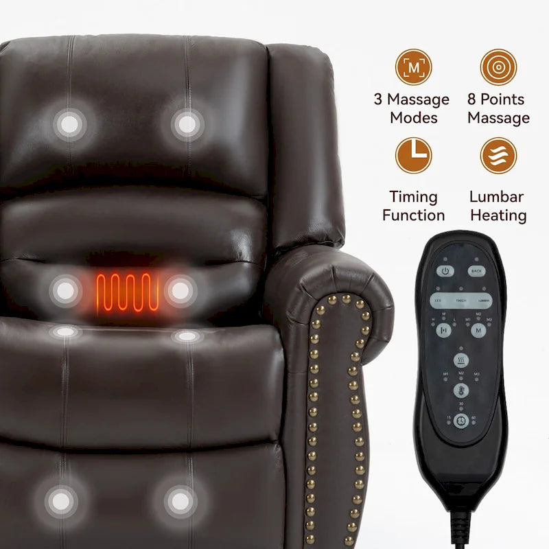 Brown Genuine Leather Power Lift Recliner with Heat Massage & USB