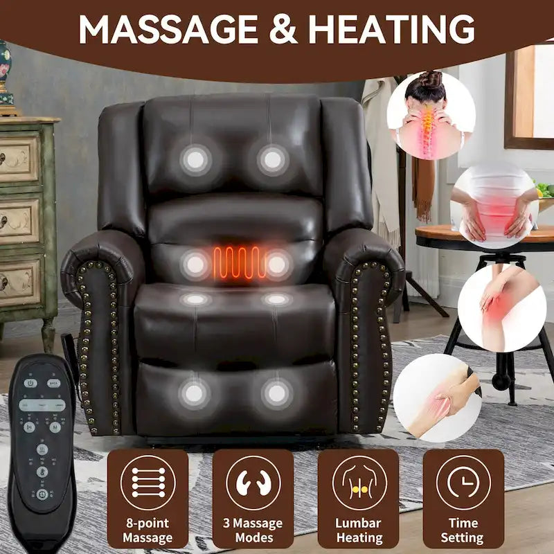 Brown Genuine Leather Power Lift Recliner with Heat Massage & USB