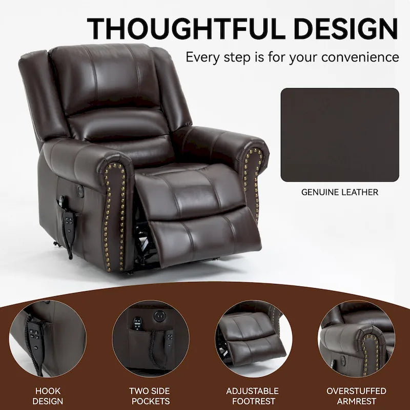 Brown Genuine Leather Power Lift Recliner with Heat Massage & USB