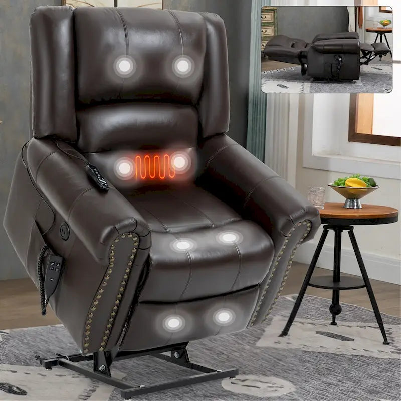 Brown Genuine Leather Power Lift Recliner with Heat Massage & USB