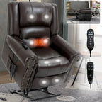 Brown Genuine Leather Power Lift Recliner with Heat Massage & USB