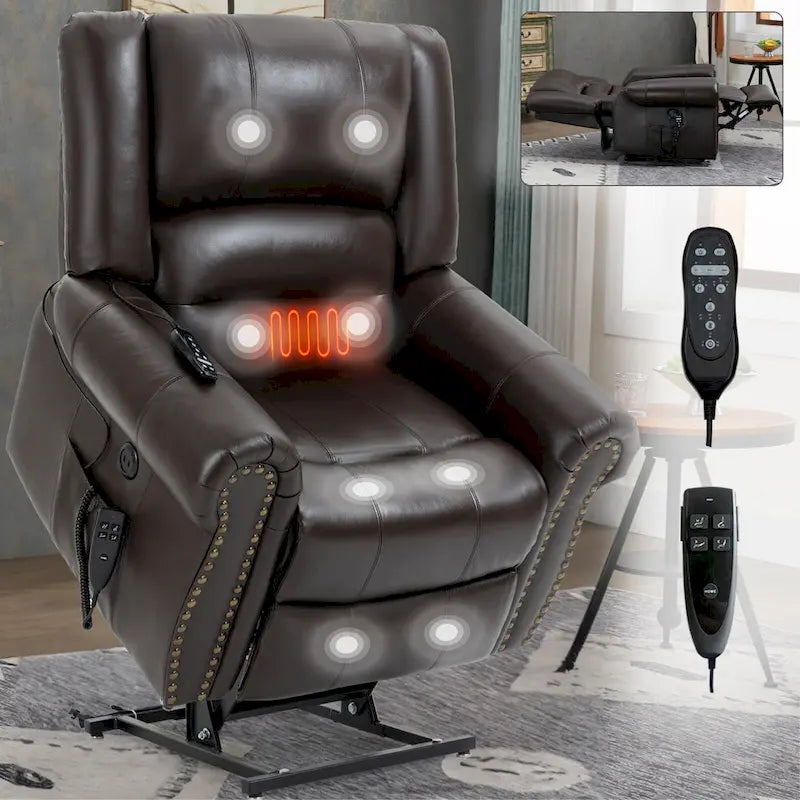 Brown Genuine Leather Power Lift Recliner with Heat Massage & USB
