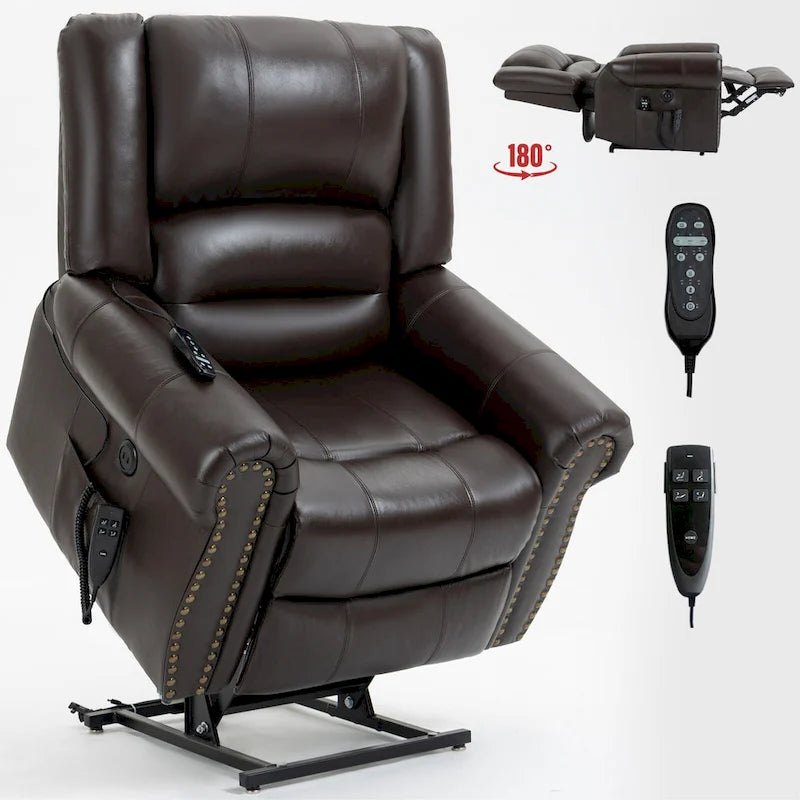Brown Genuine Leather Power Lift Recliner with Heat Massage & USB