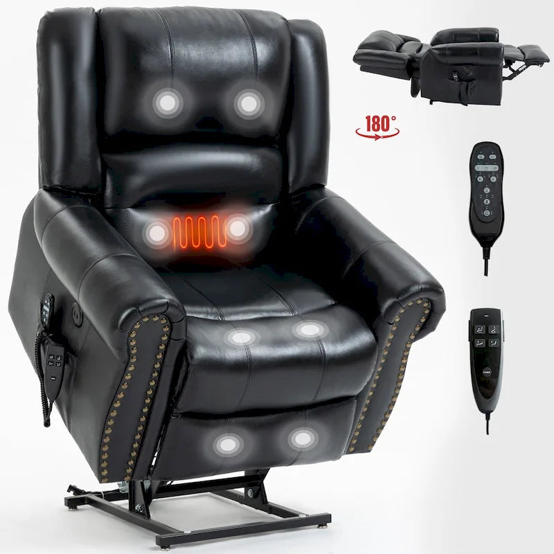 Brown Genuine Leather Power Lift Recliner with Heat Massage & USB