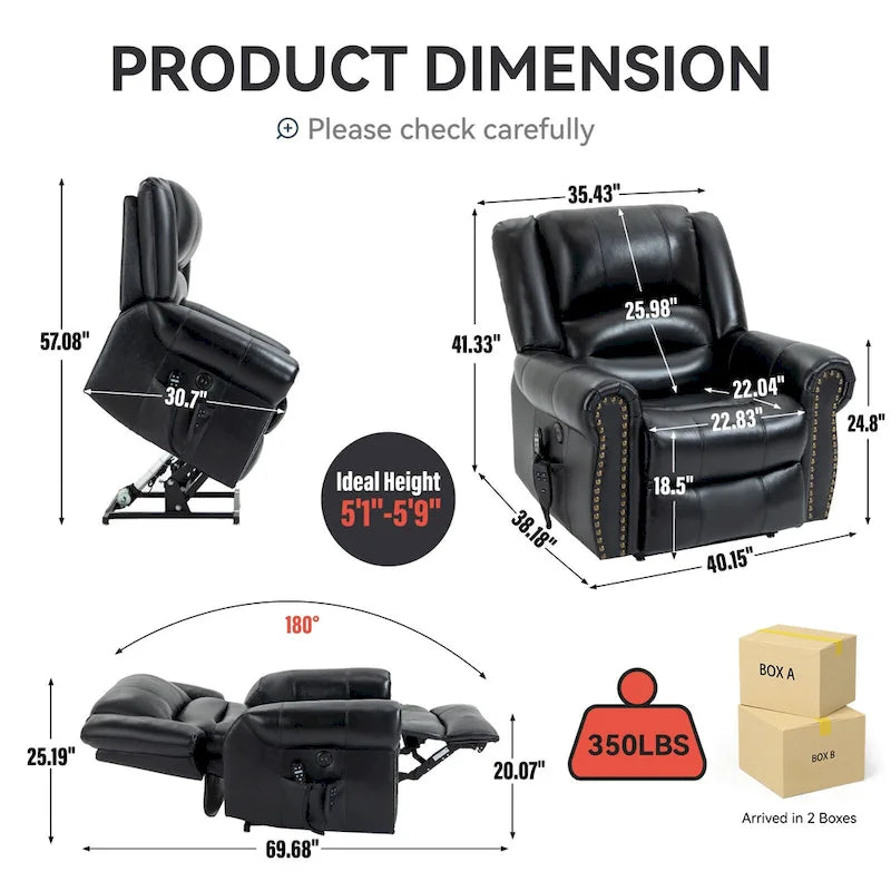 Brown Genuine Leather Power Lift Recliner with Heat Massage & USB