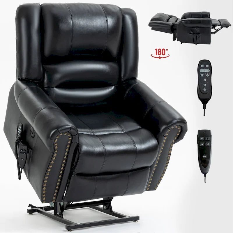 Brown Genuine Leather Power Lift Recliner with Heat Massage & USB