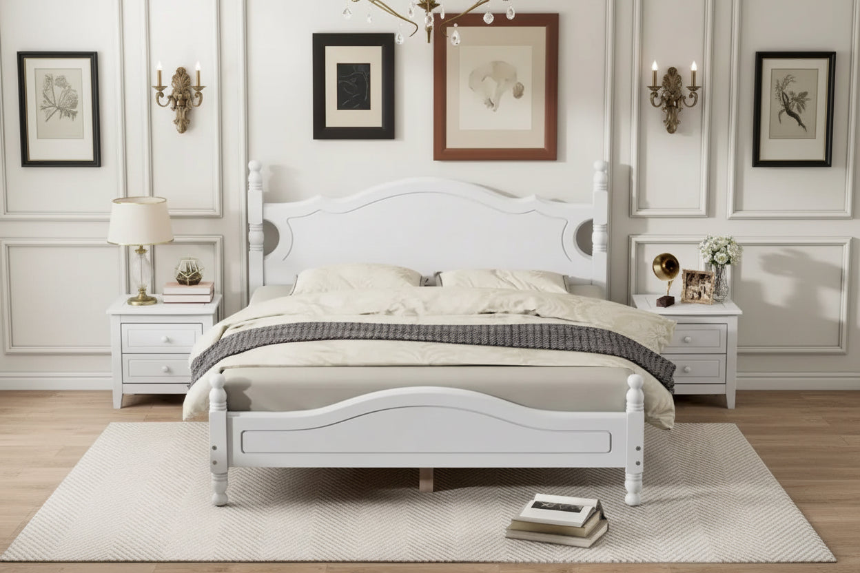 White Vintage-inspired Queen Size Wood Platform Bed