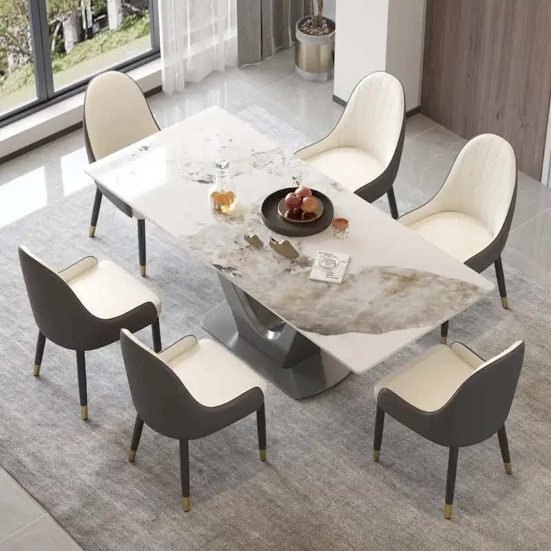 Classic Marble Dining Table Sintered StoneTable Top with Grey Pedestal