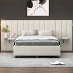 Full Size Upholstered Platform Bed with Big Headboard, Velvet, Beige