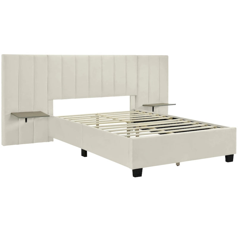 Full Size Upholstered Platform Bed with Big Headboard, Velvet, Beige