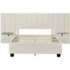 Full Size Upholstered Platform Bed with Big Headboard, Velvet, Beige