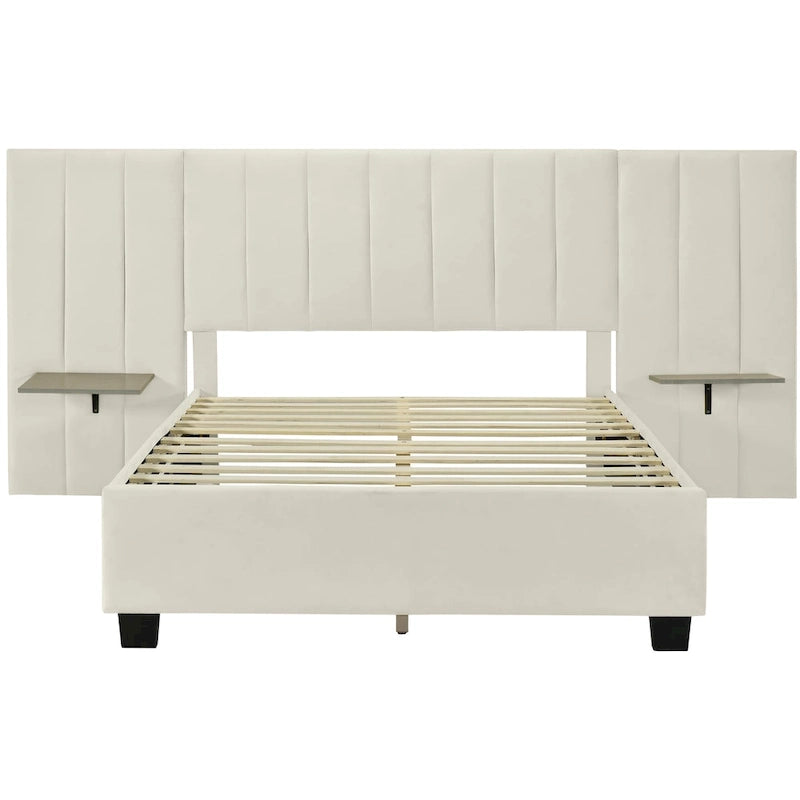 Full Size Upholstered Platform Bed with Big Headboard, Velvet, Beige